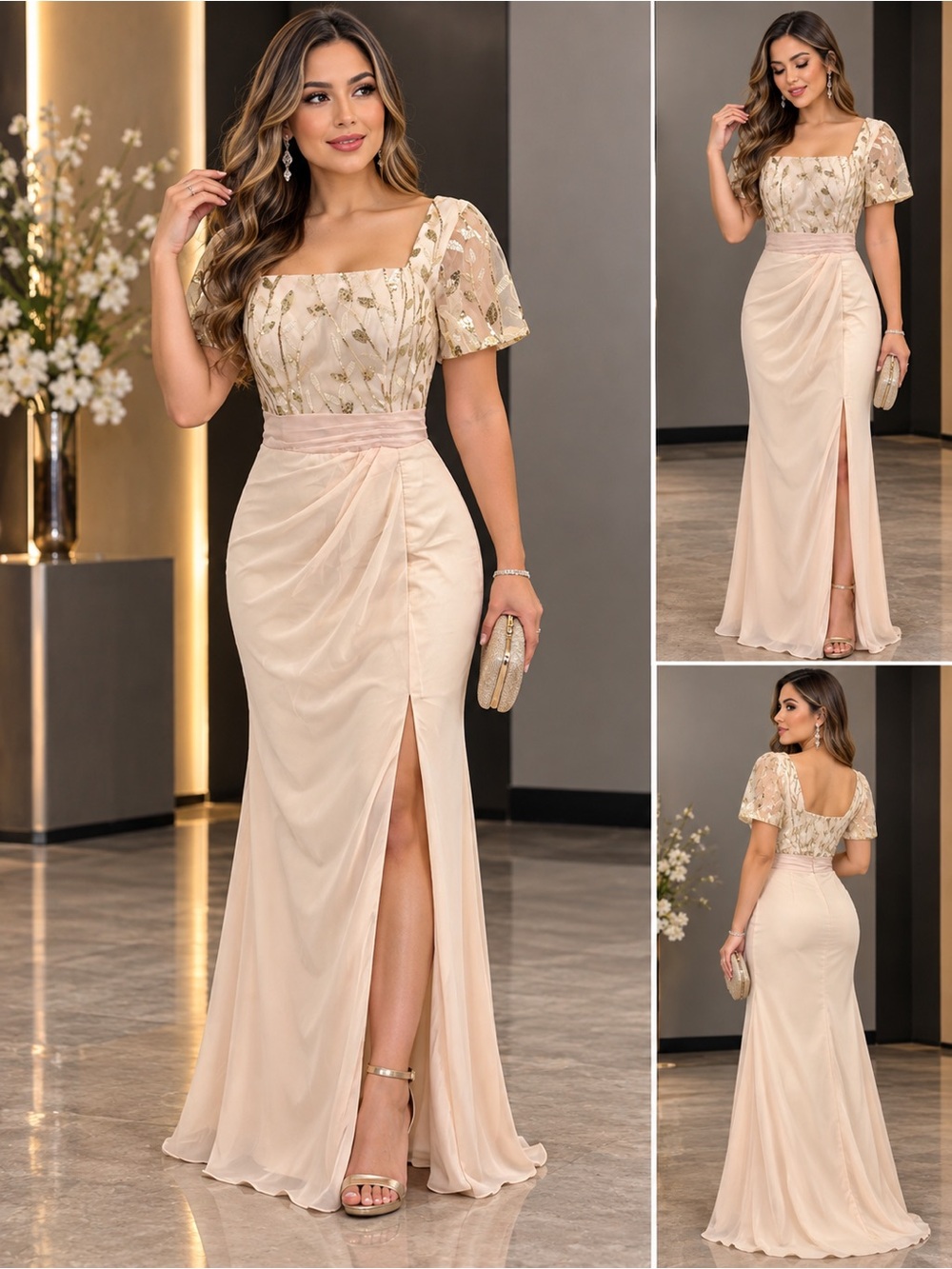 Show Me Your MuMu Blush-Beige Maxi Dress with Gold Embellished Bodice